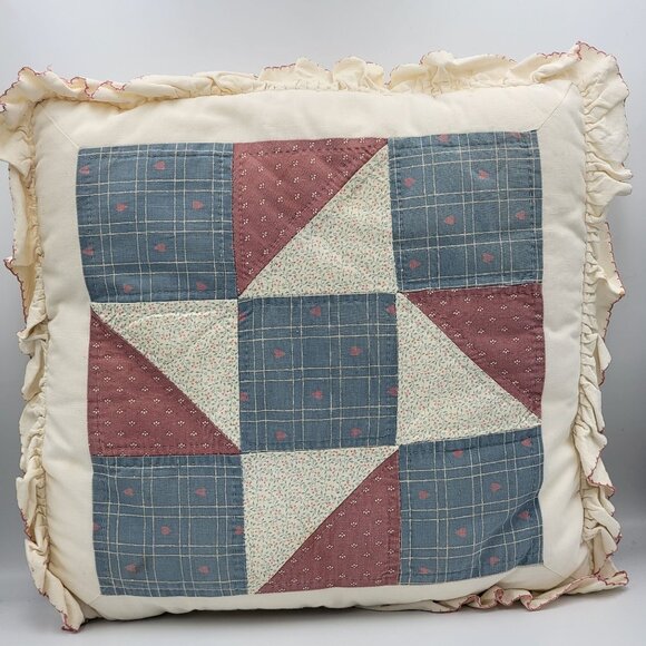 Vintage Quilted 90s 80s Throw Pillow Cottagecore Patchwork Design In Blue/Pink - Picture 1 of 13